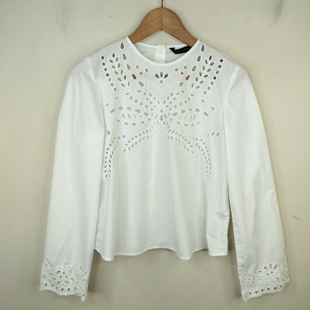 Zara White Eyelet Blouse Small Long Sleeve Cotton Boho
